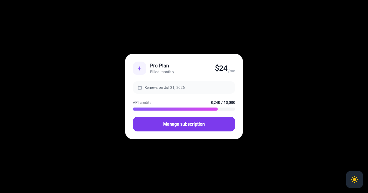 Flutter Subscription Management Card with Usage Meter preview