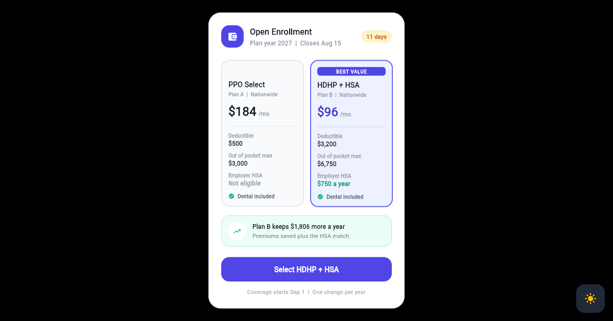 Flutter Benefits Enrollment Card with Side by Side Plan Comparison preview