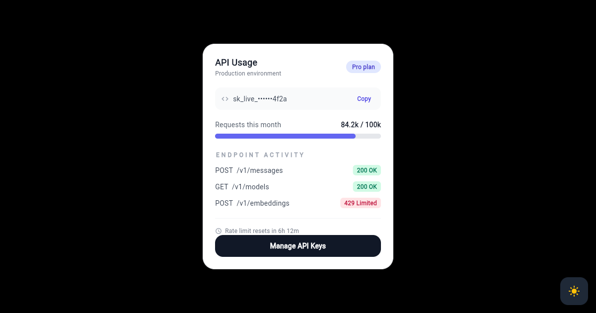 Flutter API Key Usage and Rate Limit Card for Developer Tools preview