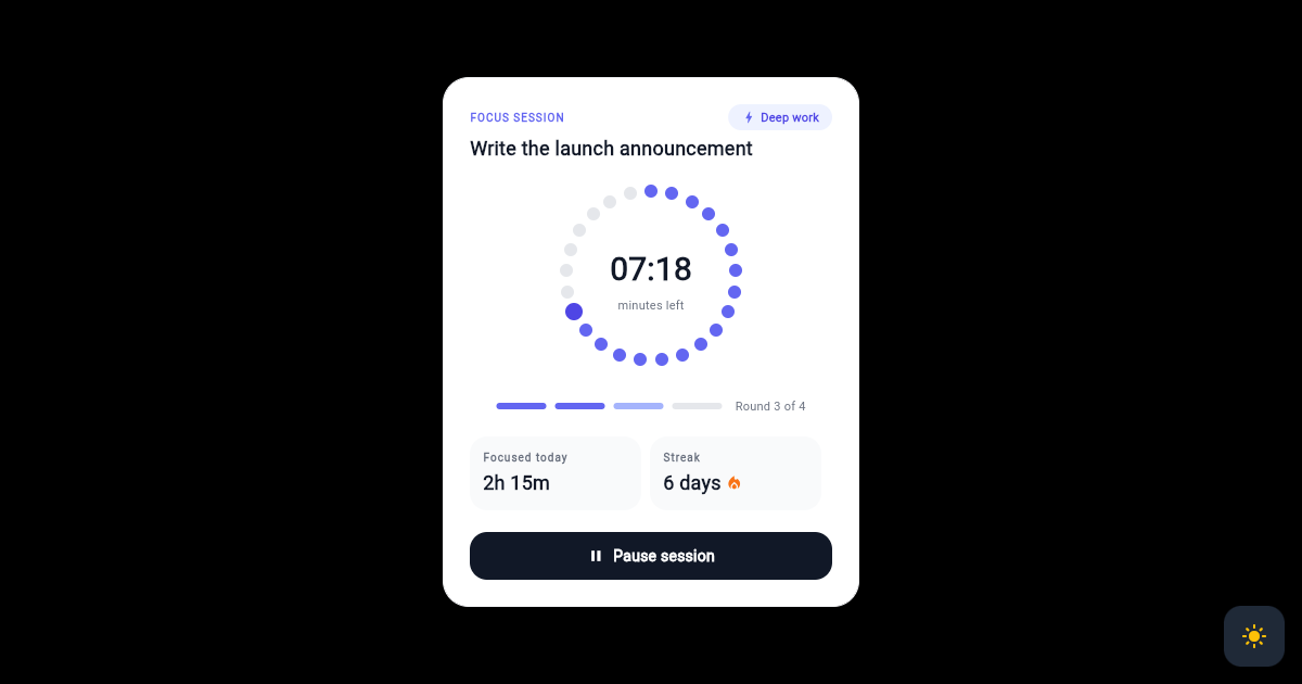 Flutter Focus Timer Card with Radial Minute Dial preview