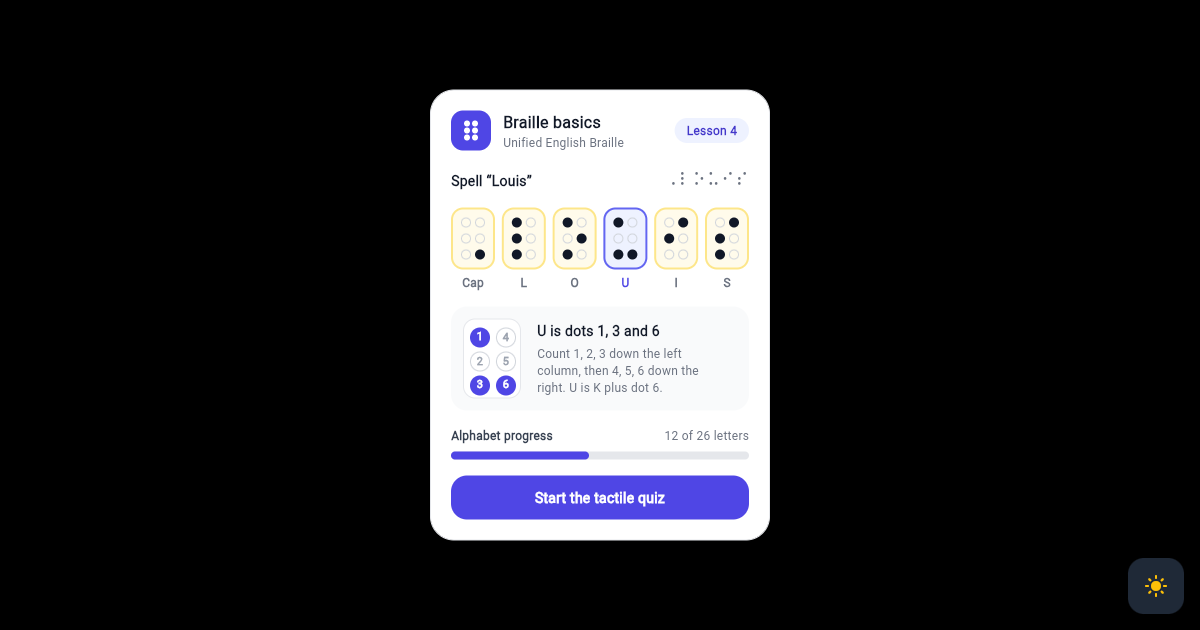 Flutter Braille Learning Card with Six Dot Letter Cells preview