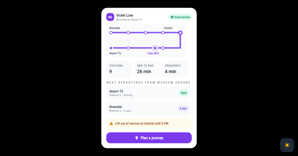Flutter Metro Line Card with Station Route Map and Live Train preview