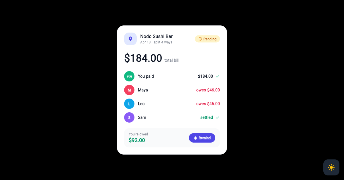 Flutter Bill Split Summary Card with Per-Person Shares preview