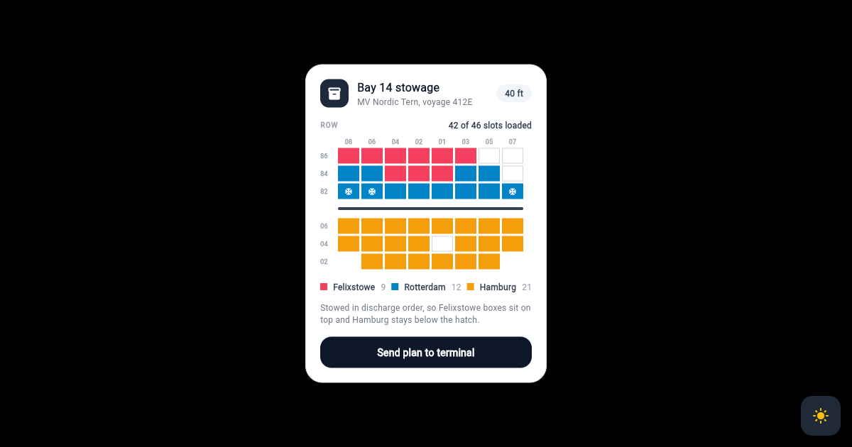 Flutter Container Ship Bay Plan Card with Colour Coded Port Stacks preview