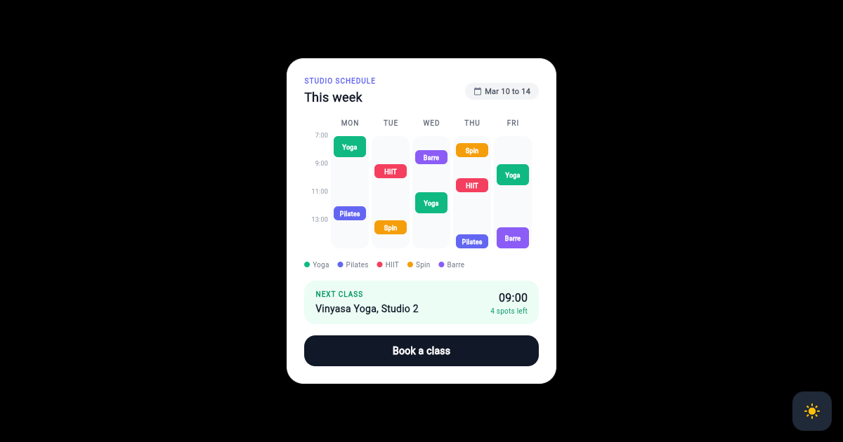 Flutter Class Schedule Card with Time Blocked Day Columns preview