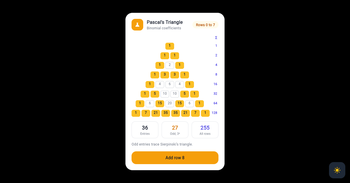 Flutter Pascal Triangle Card with Odd Entry Pattern and Row Sums preview