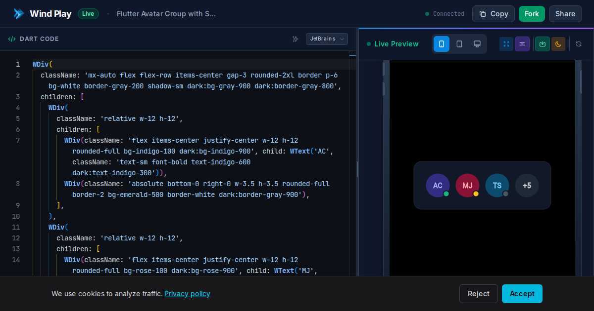 Flutter Avatar Group with Status and Count Badges preview