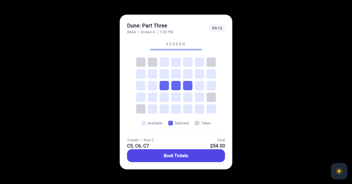 Flutter Cinema Seat Selection Card with Screen and Legend preview