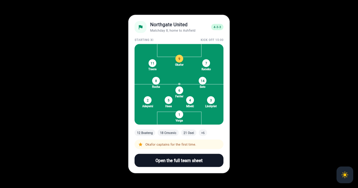 Flutter Starting XI Lineup Card with Pitch and Player Chips preview