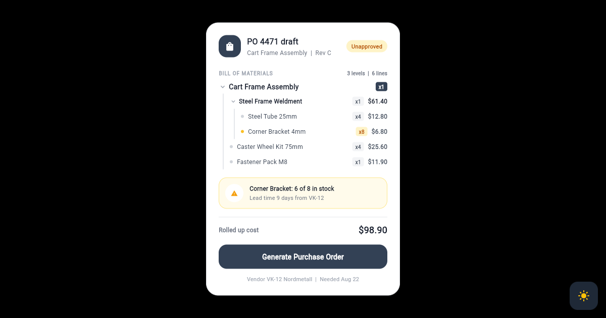 Flutter Purchase Order Card with Indented BOM Tree preview
