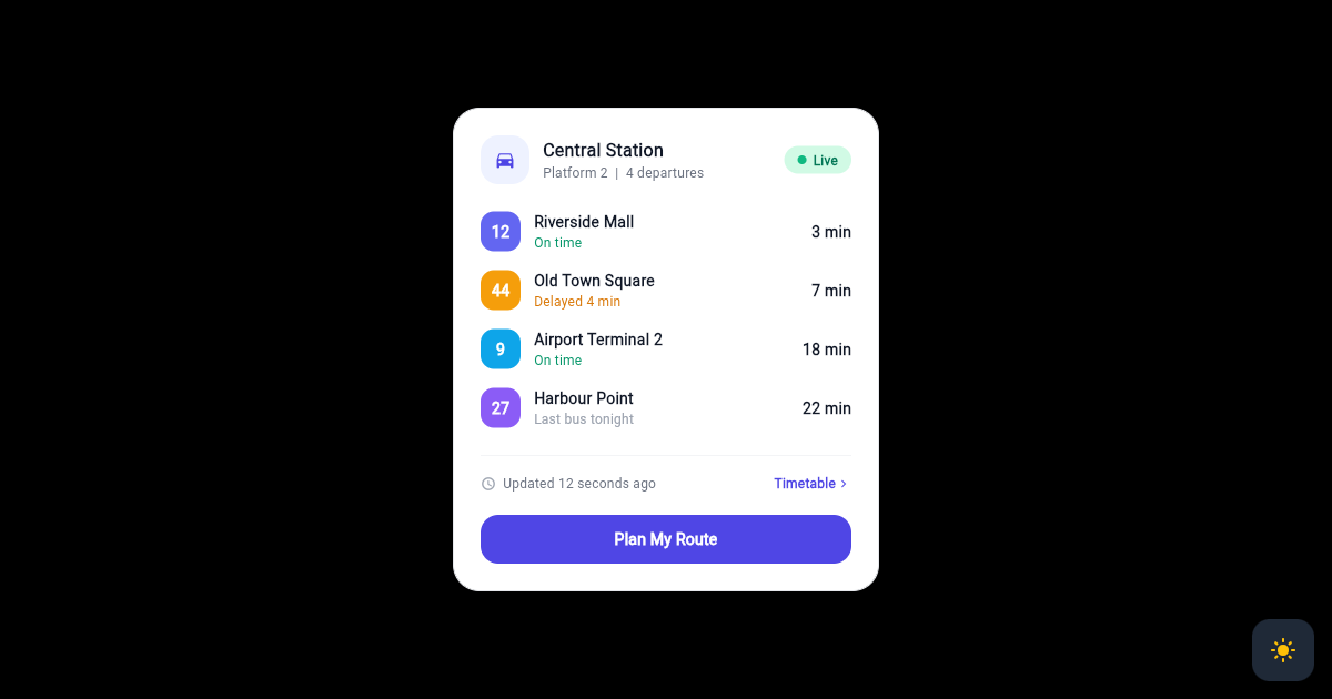 Flutter Transit Departure Board Card with Live Line Times preview