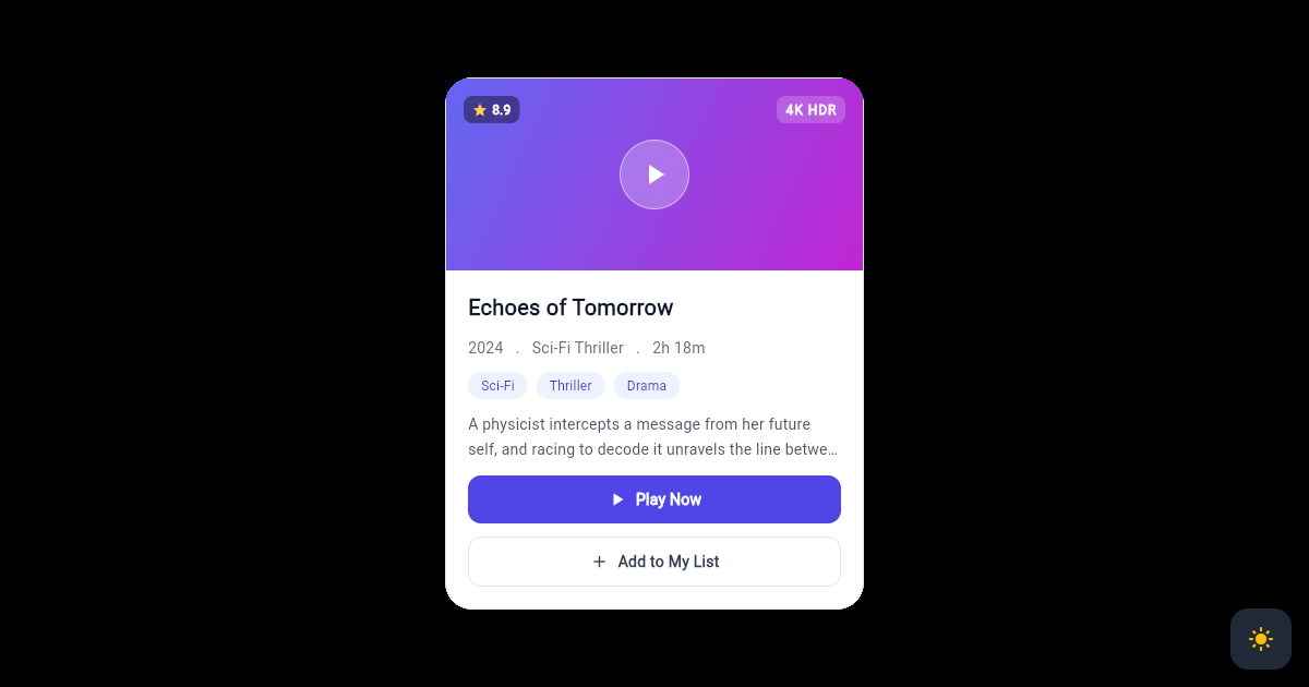 Flutter Streaming Movie Card with Rating and Genre Tags preview