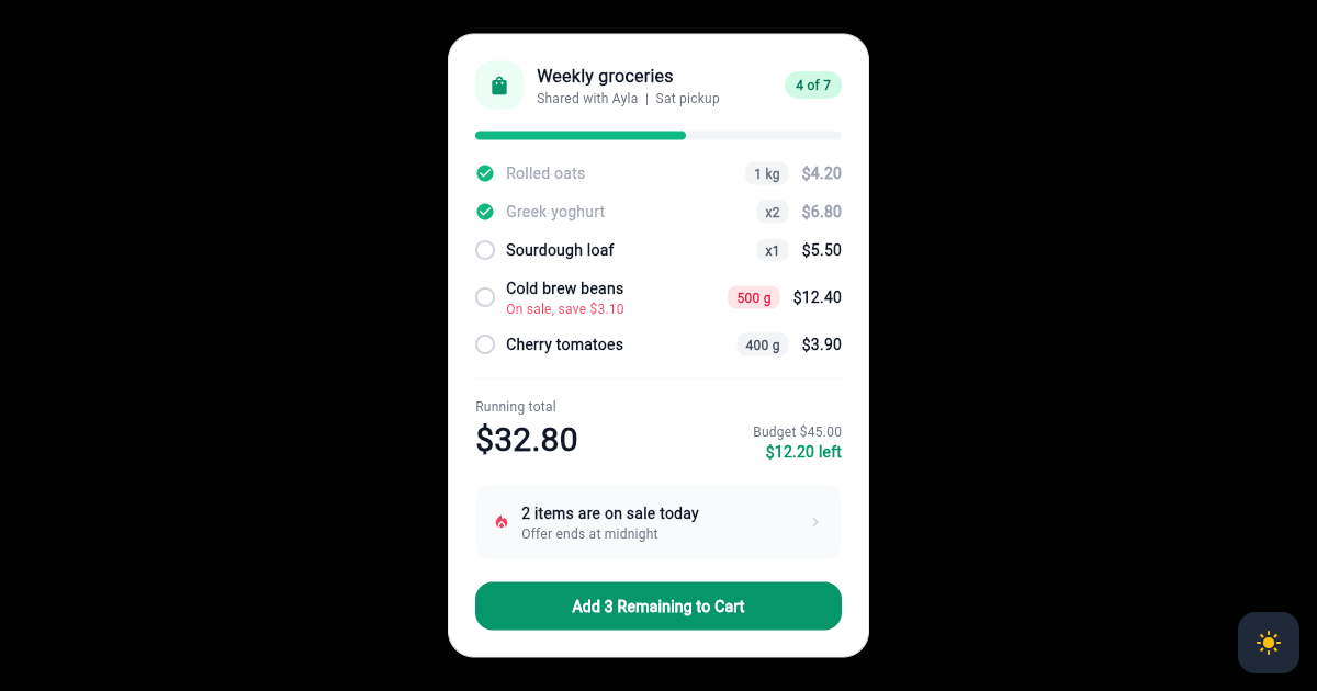 Flutter Grocery List Card with Quantity Pills and Running Total preview