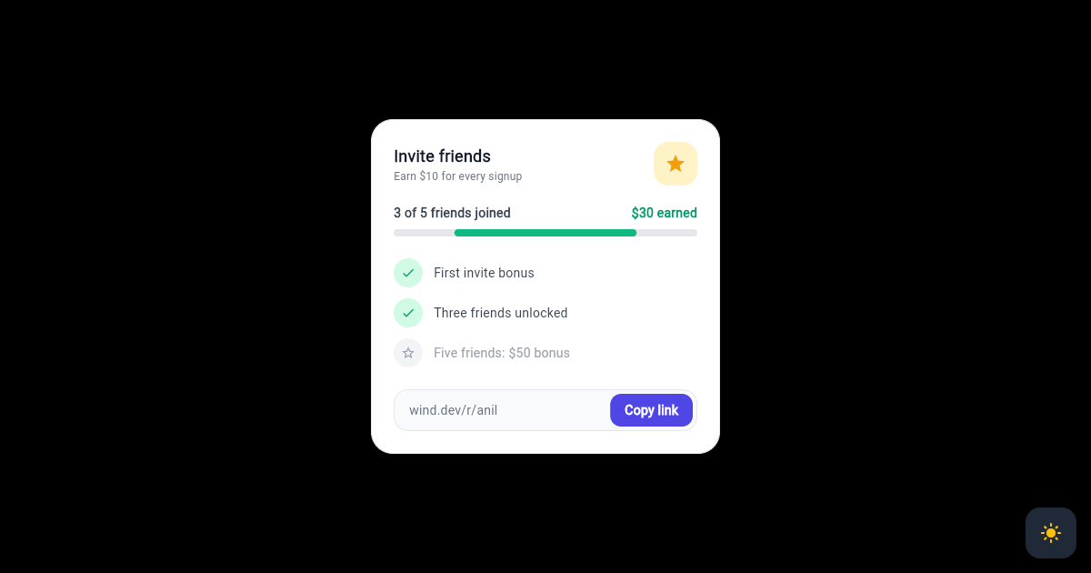 Flutter Referral Reward Card with Invite Link and Tiers preview