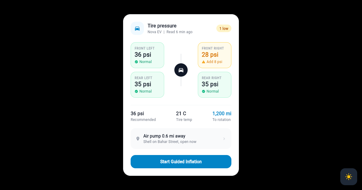 Flutter Tire Pressure Card with Four Corner Wheel Readout preview
