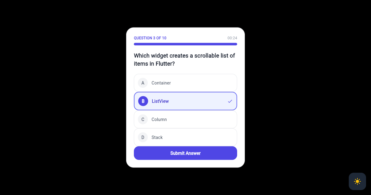 Flutter Quiz Multiple Choice Question Card with Progress preview