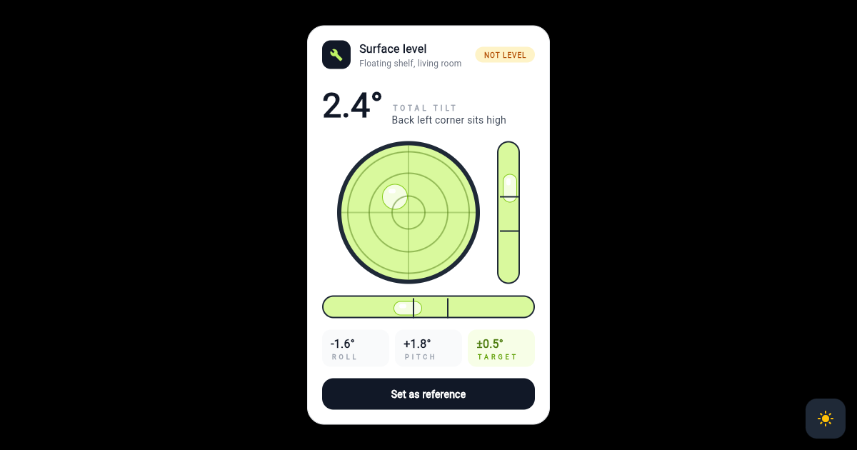 Flutter Bubble Level Card with Bullseye and Tilt Vials preview