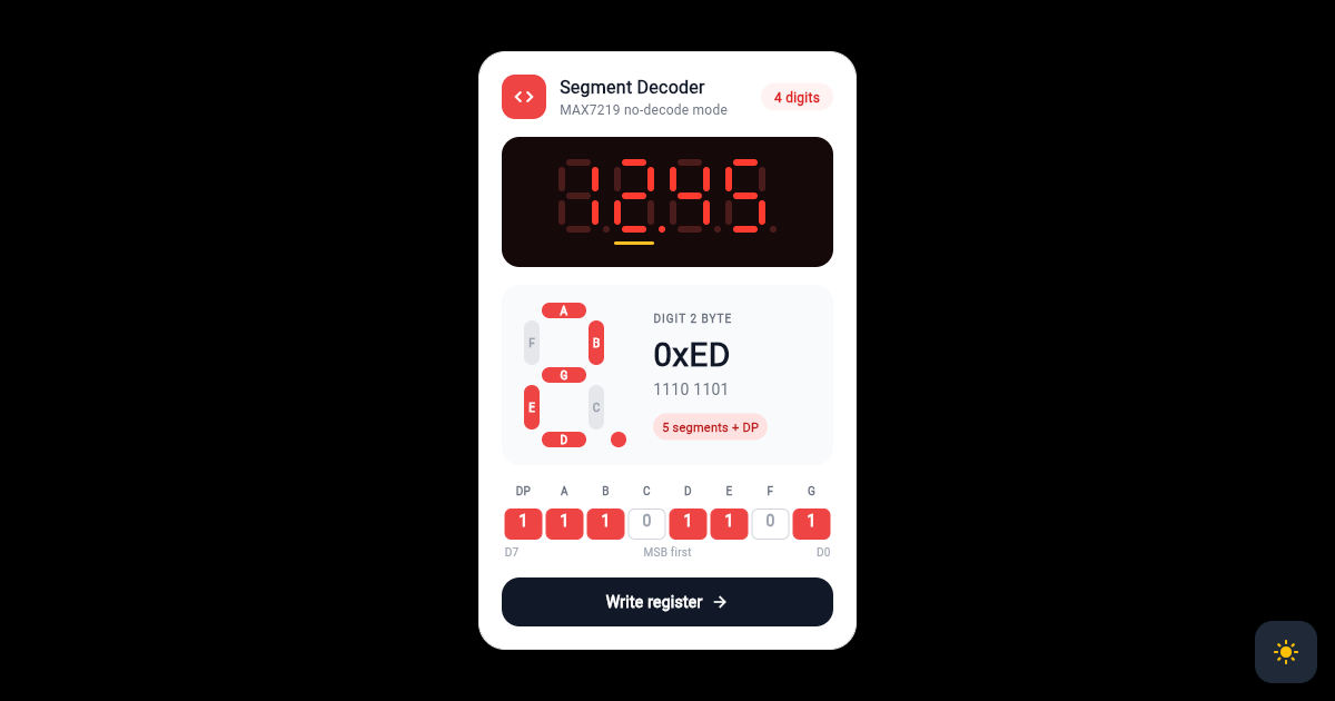 Flutter Seven Segment Display Card with Lit LED Digits and Register Byte Decoder preview