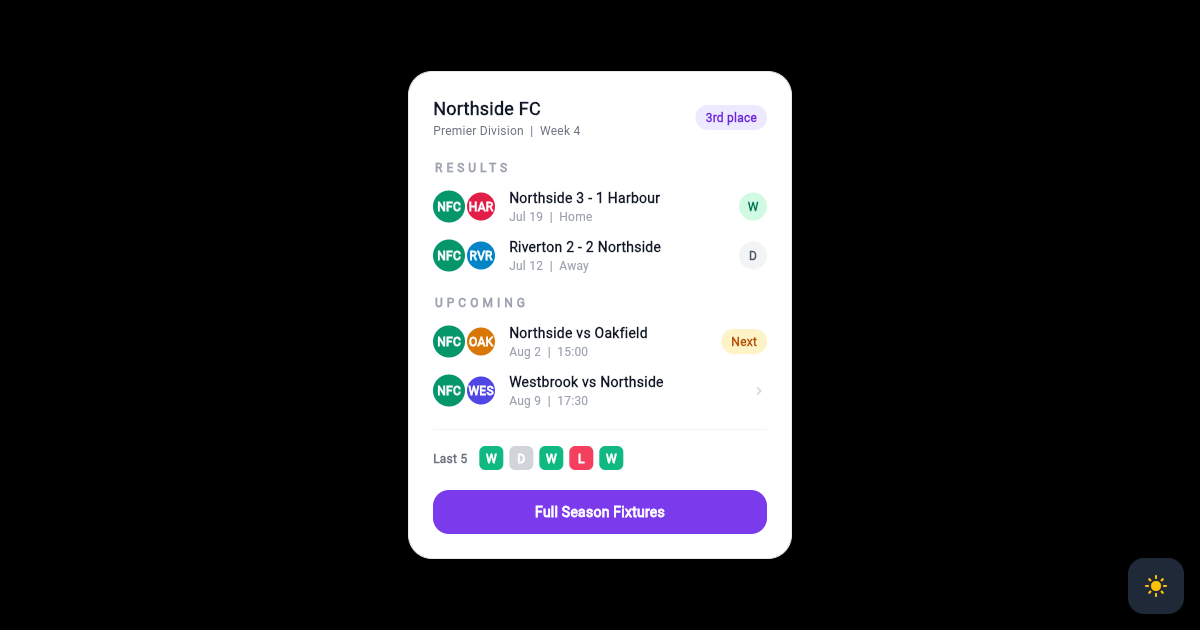 Flutter Team Fixture List Card with Result Badges and Form Strip preview