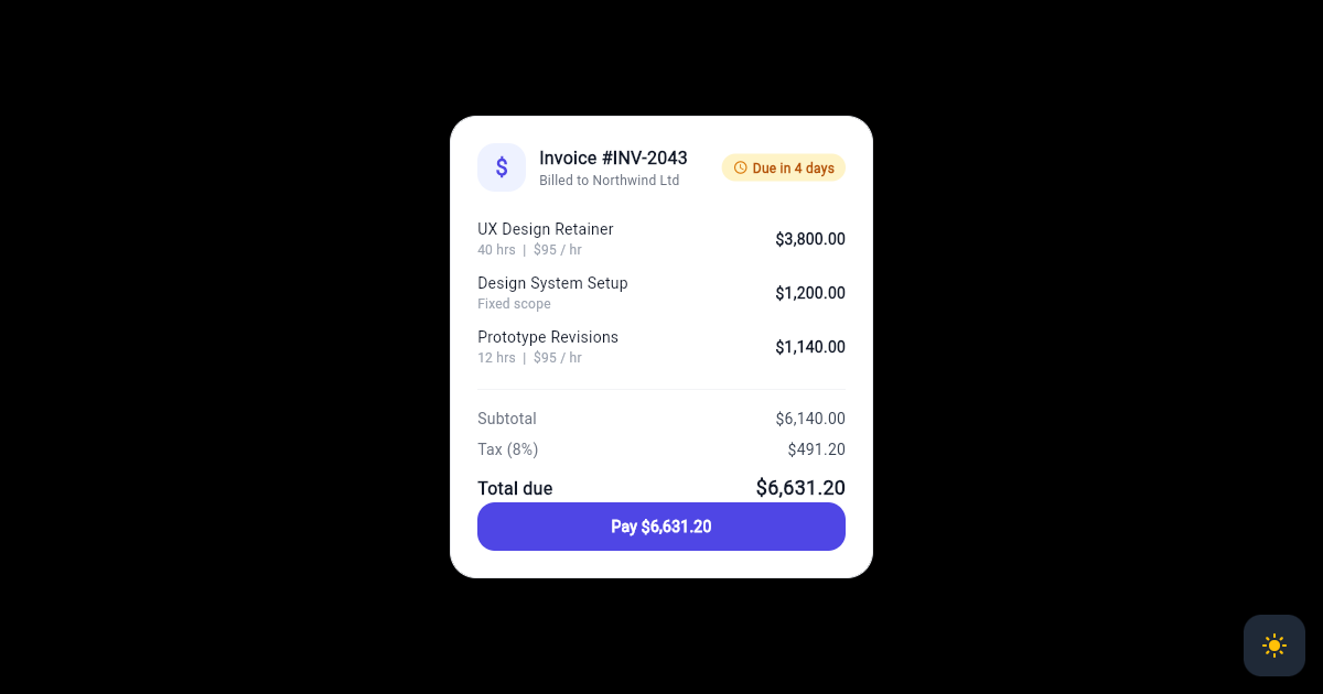 Flutter Invoice Payment Due Card with Line Items and Total preview