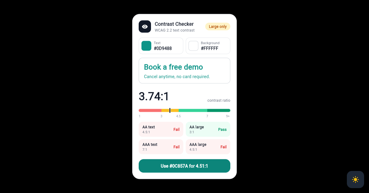 Flutter Contrast Checker Card with WCAG AA and AAA Pass Badges preview