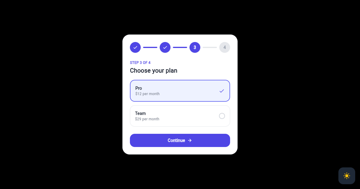 Flutter Progress Stepper Wizard with Plan Selection preview