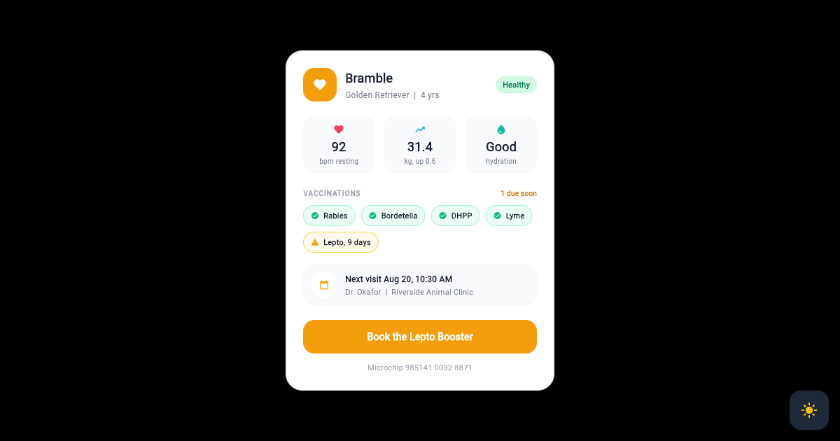Flutter Veterinary Health Card with Vitals Tiles and Vaccination Chips preview