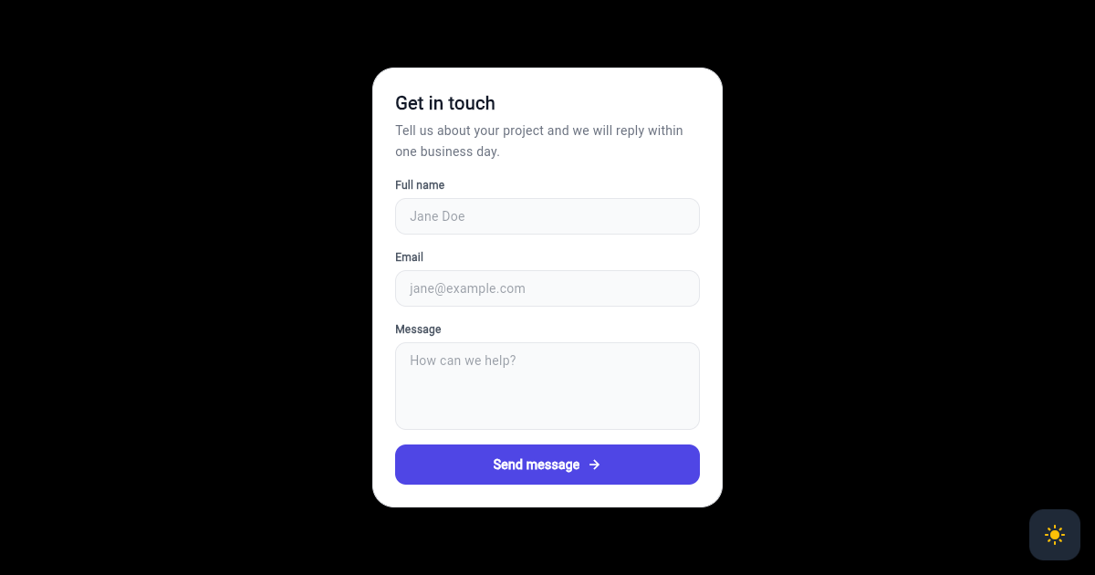 Flutter Contact Form Card with Name, Email, and Message preview