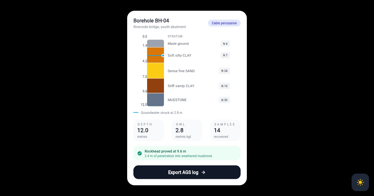 Flutter Borehole Log Card with Proportional Soil Strata Column preview