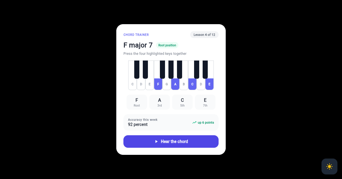 Flutter Piano Chord Trainer Card with Highlighted Keys preview