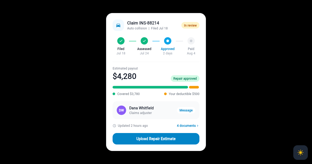 Flutter Insurance Claim Status Card with Payout Breakdown preview