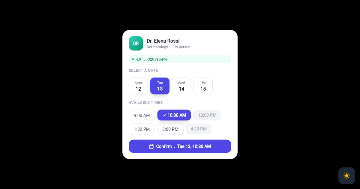 Flutter Appointment Booking Card with Date and Time Slots preview
