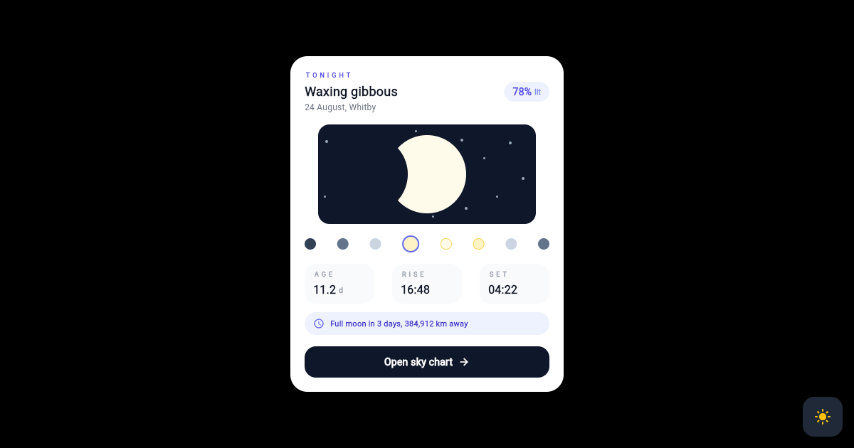 Flutter Moon Phase Card with Carved Gibbous Disc and Night Sky Panel preview