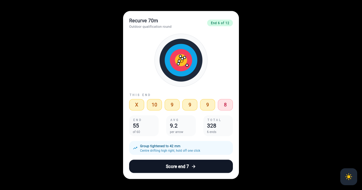 Flutter Archery Scoring Card with Target Face and Arrow Groupings preview