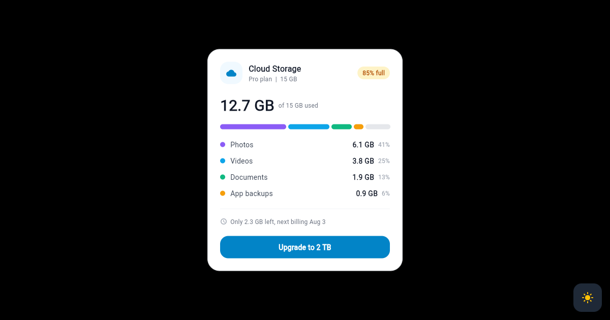 Flutter Cloud Storage Quota Card with Category Breakdown Bar preview