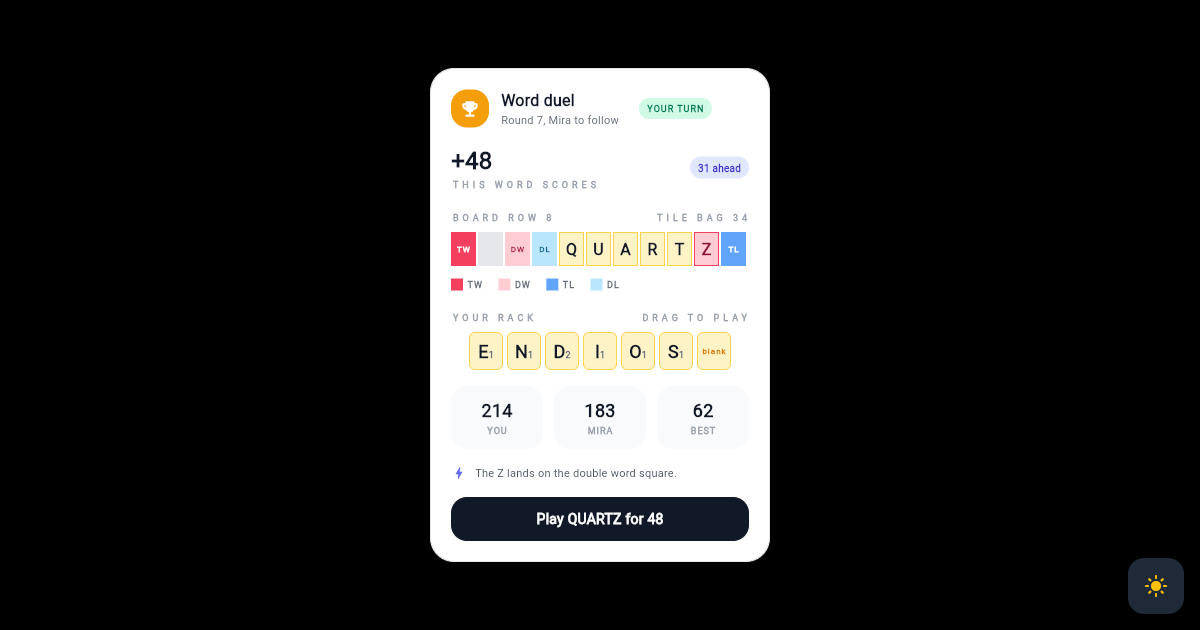 Flutter Word Game Card with Letter Tile Rack and Premium Squares preview