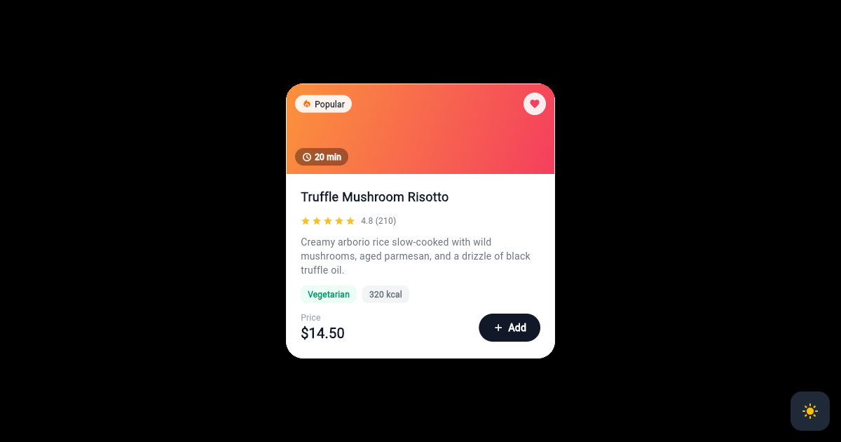 Flutter Restaurant Menu Dish Card with Price and Rating preview