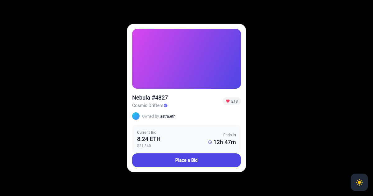 Flutter NFT Collectible Bid Card with Live Auction preview