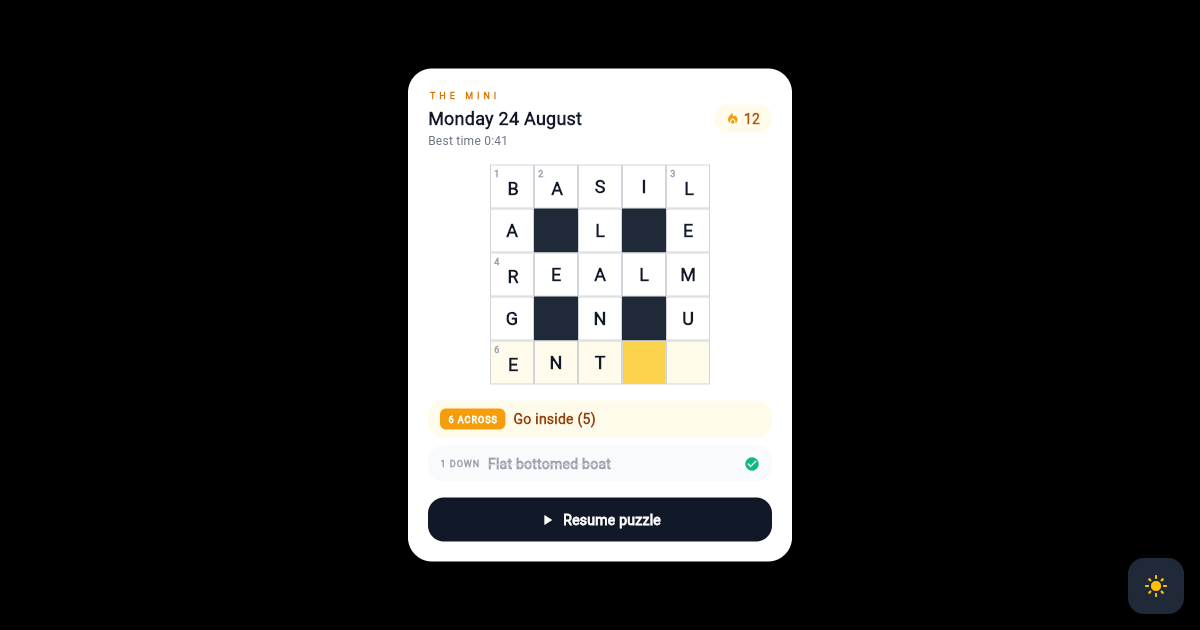 Flutter Daily Crossword Card with Blacked Out Mini Grid preview