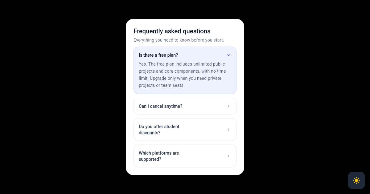 Flutter FAQ Accordion Card with Expandable Answers preview