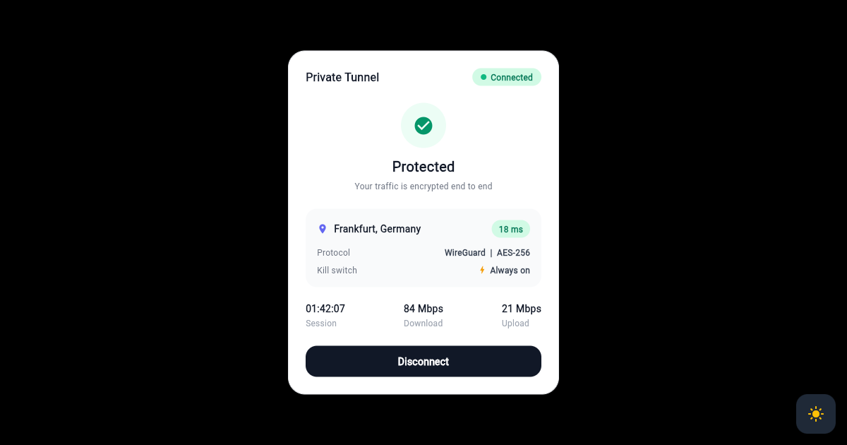 Flutter VPN Connection Status Card with Server and Speed Stats preview