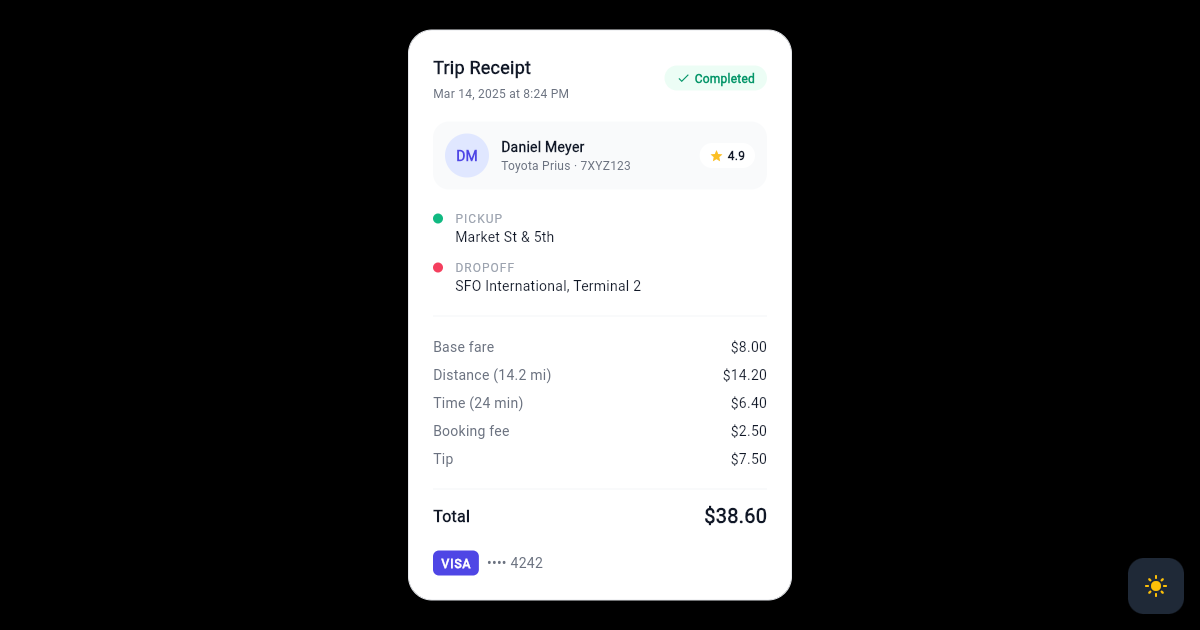 Flutter Ride Fare Receipt Card with Fare Breakdown preview