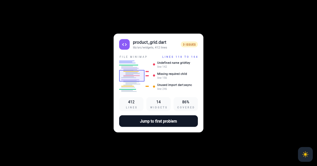 Flutter Code Minimap Card with Viewport Window and Problem Markers preview