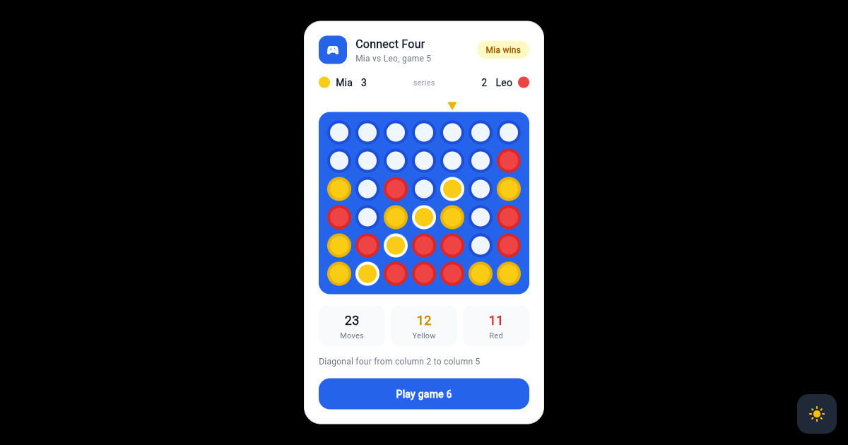 Flutter Connect Four Board Card with Winning Diagonal and Series Score preview
