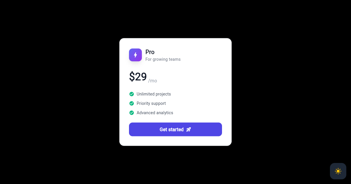 Flutter Pricing Card with Tailwind-Style className preview