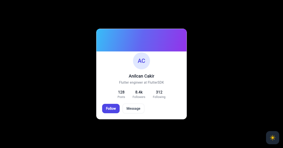Flutter Profile Card UI: Avatar, Stats, and Actions preview