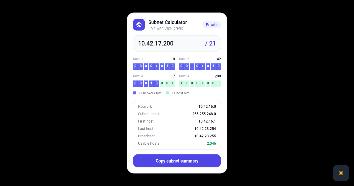 Flutter Subnet Calculator Card with 32 Bit Network and Host Grid preview